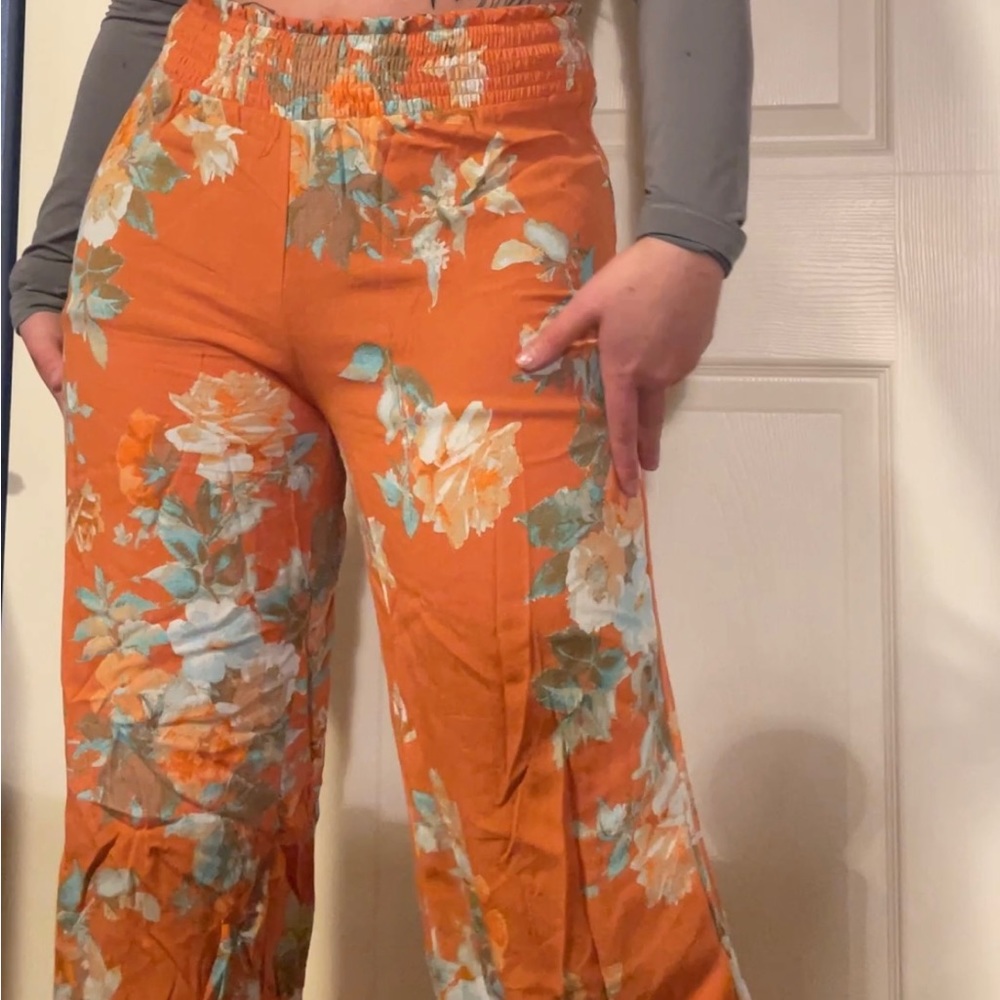 Taylor and Sage orange floral flower flowy wide leg lightweight boho hippie pant